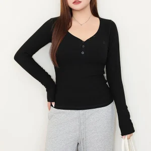 Women's V-Neck Slim Fit Long Sleeve Embroidered T-Shirt, Plus Size