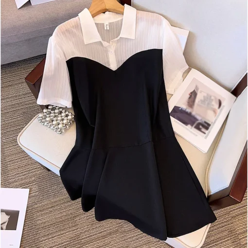 Plus Size Loose Short Sleeve Irregular Splice Shirt-Dress - Image 3