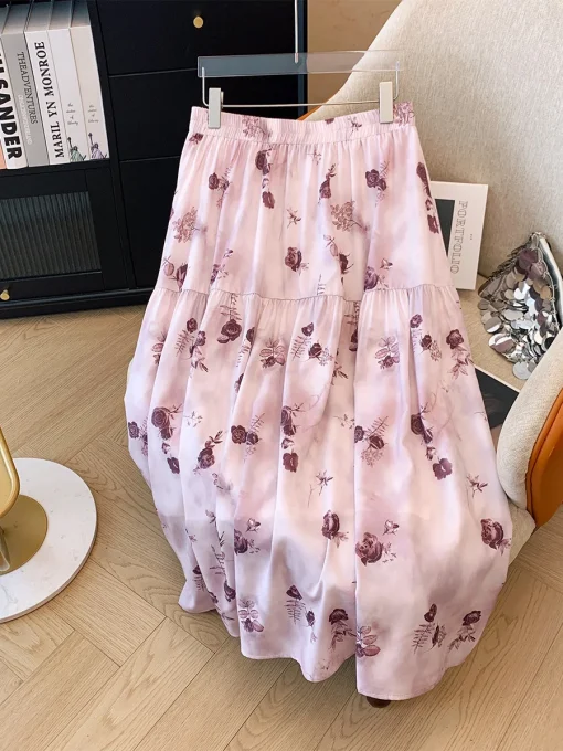 Plus Size High Waisted Floral A-Line Skirt Pink