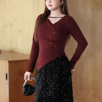 Sequined V-Neck T-Shirt Women Plus Size Long Sleeve Top