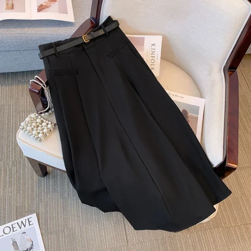 Plus Size Autumn High Waist A-Line Pleated Skirt Black - Image 4