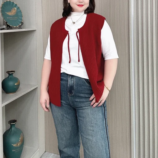 Women's Core Yarn Knitted Waistcoat, Loose Sleeveless Cardigan - Image 2