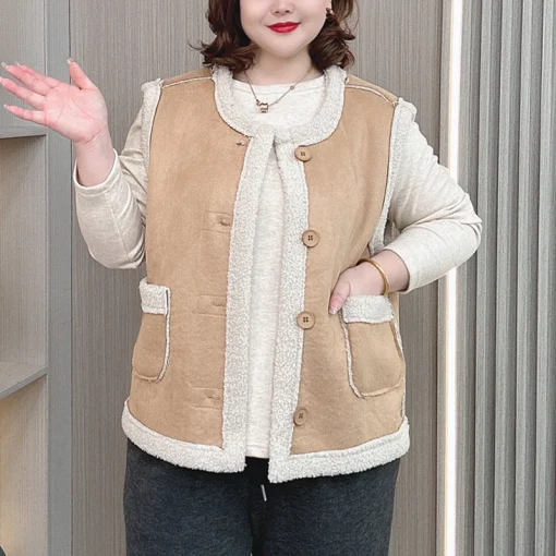 Plus Size Warm Fleece-Lined Suede Vest Coat Waistcoat - Image 5