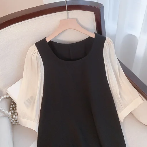 Plus Size Loose Round Neck Short-Sleeved Color Block Dress - Image 5