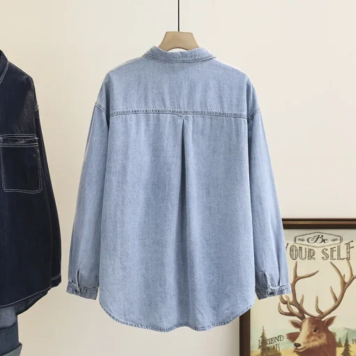 Plus Size Denim Shirt Women Asymmetrical Loose Long Top - Image 2