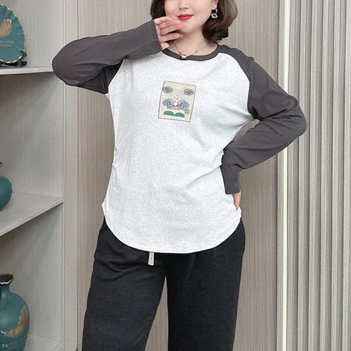 Plus Size Long Sleeve Block Color Casual T-Shirt