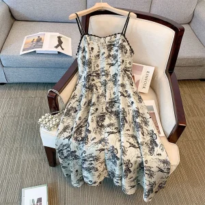 Plus Size Autumn Retro V-Neck Suspender A-Line Dress