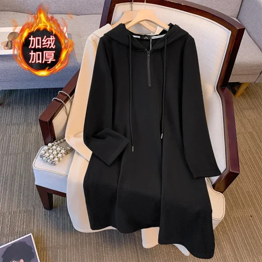 Plus Size Winter Warm Fleece Hooded Dress for Women