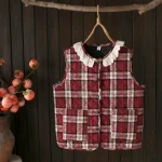 Plus Size Women’s Quilted Lace O-neck Plaid Vest Jacket