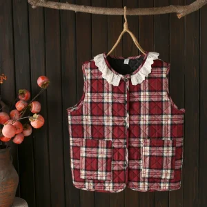Plus Size Women’s Quilted Lace O-neck Plaid Vest Jacket