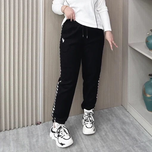 Women's Plus Size Elastic Waist Drawstring Embroidered Sports Pants - Image 2