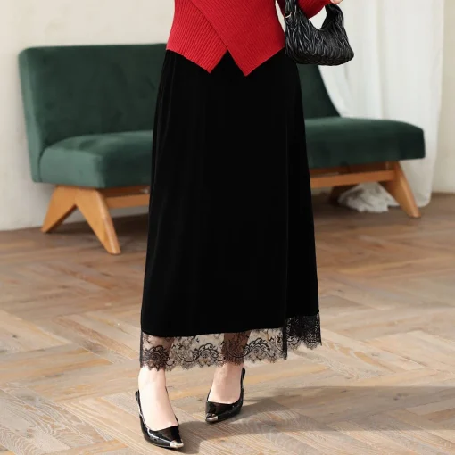 Plus Size Velour A-line Skirt with Lace Hem for Women - Image 4