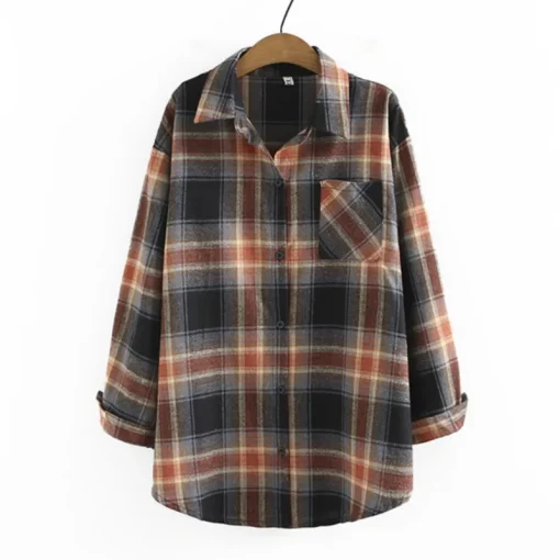 Plus Size Plaid Cotton Long Sleeve Blouse for Women