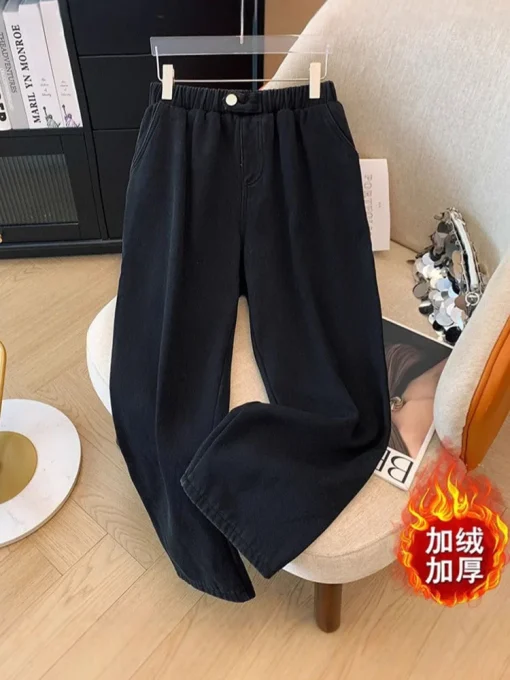 Plus Size Winter High Waist Straight Leg Fleece Jeans