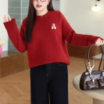 Bear Embroidered O-Neck Sweater Women Plus Size Winter Pullover