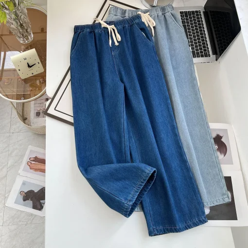 Plus Size Fleece-Lined High-Waisted Wide Leg Denim Pants - Image 4