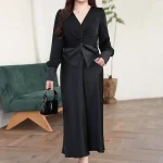 V-Neck Fold Stitching Satin Puff Sleeve Blouse, Plus Size