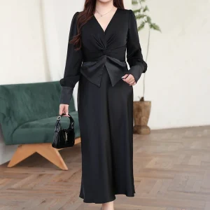 V-Neck Fold Stitching Satin Puff Sleeve Blouse, Plus Size
