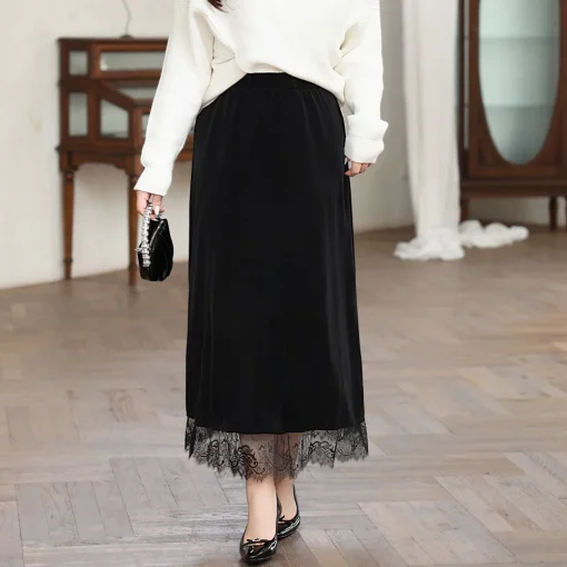 Plus Size Velour A-line Skirt with Lace Hem for Women