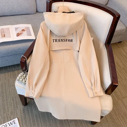 Plus Size Spring Autumn Mid-Long Hooded Trench Coat - Image 4