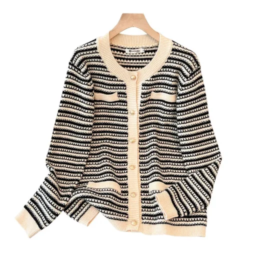 Plus Size Women's Loose Striped V-Neck Knit Cardigan Sweater - Image 6