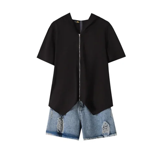 Plus Size Hooded Cardigan and Denim Shorts Two-Piece Set - Image 6