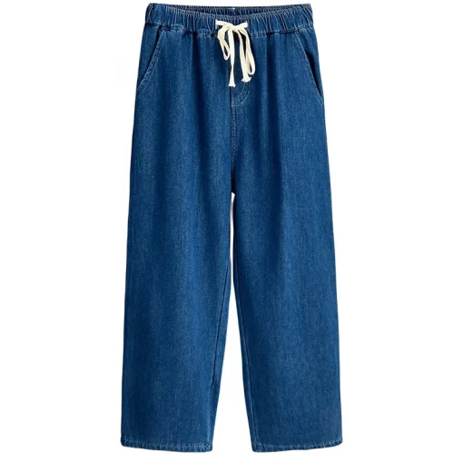 Plus Size Fleece-Lined High-Waisted Wide Leg Denim Pants