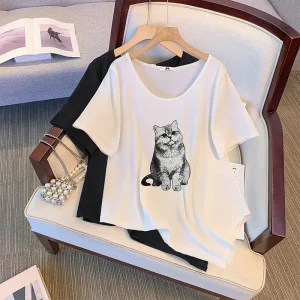 Plus Size Women's Summer Loose Retro Cat Print T-Shirt