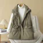 Plus Size Loose Stand Collar Drawstring Waist Down Vest
