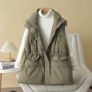Plus Size Loose Stand Collar Drawstring Waist Down Vest