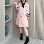 Fall Plus Size Women’s French Style Bow V-neck Pink Dress
