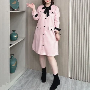 Fall Plus Size Women’s French Style Bow V-neck Pink Dress