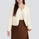 Women’s Gold Button Tweed Coat, Woolen Jacket, Plus Size