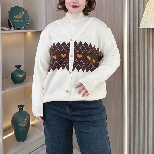 Plus Size Women’s Block Color Jacquard Mock Neck Sweater - Image 5