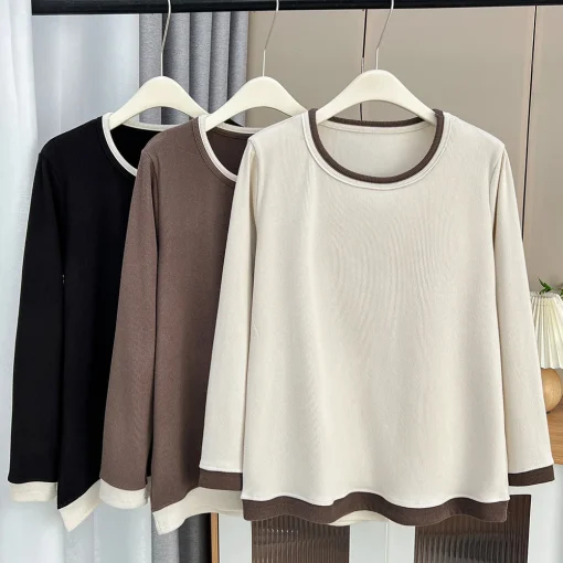 Plus Size Block Color Warm Basic T-shirt for Women - Image 2