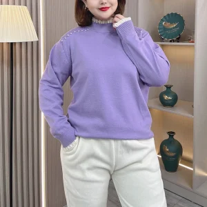 Plus Size Women's Lace Stitching Beaded Shoulder Mock Neck Sweater