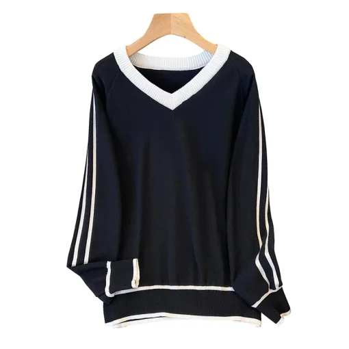 Plus Size Loose V-Neck Stripe Knitted Pullover Sweater - Image 6