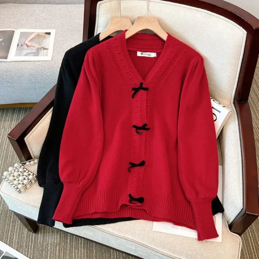 Plus Size Women's Loose V-Neck Bow Knitted Sweater Coat