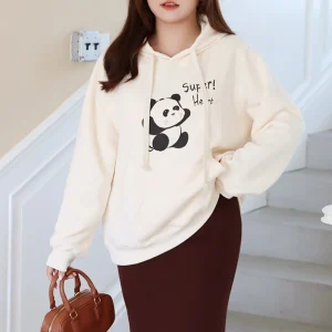 Cartoon Panda Print Fleece-lined Hoodie Women Plus Size