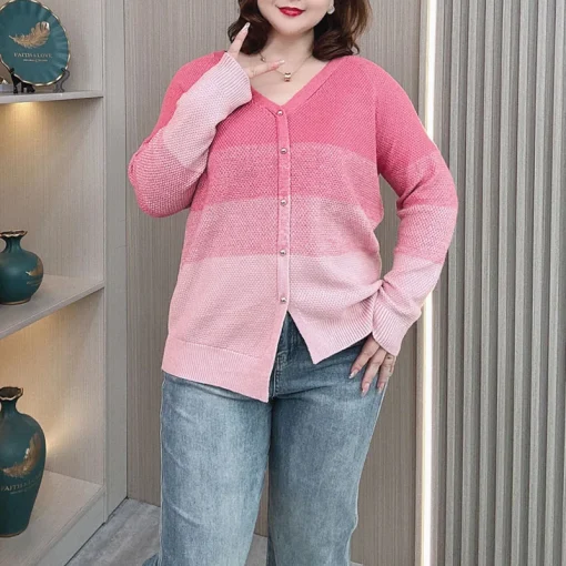 Plus Size Women Knit Cardigan, Soft V-neck Hollow Sweater - Image 3