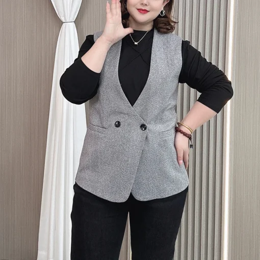 Plus Size Woolen Double-Breasted Slim Fit Vest Coat