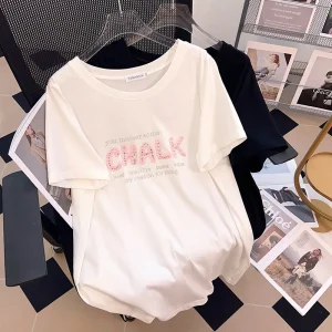 Plus Size Loose Medium Long Round Neck Diamond T-shirt