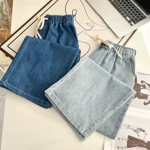 Plus Size High Waist Wide Leg Drawstring Jeans - Image 5