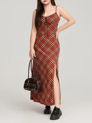 Plus Size Women's Spaghetti Strap Red Plaid Slit Dress