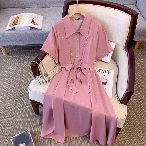 Plus Size Women's Summer Loose Pink Short Sleeve Dress