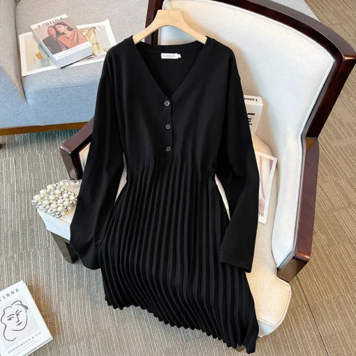 Plus Size Loose V-Neck A-Line Sweater Dress for Women - Image 3