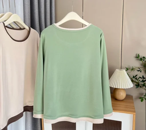 Plus Size Block Color O-Neck Velvet Warm T-Shirt - Image 3