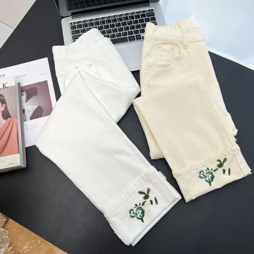 Plus Size Embroidered High Waist Casual Ankle Pants - Image 4