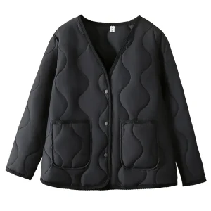 Plus Size Women’s V-Neck Pocket Cotton-Padded Parka Coat