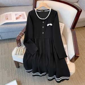 Plus Size Women's Loose Long Sleeve Simple Black Dress
